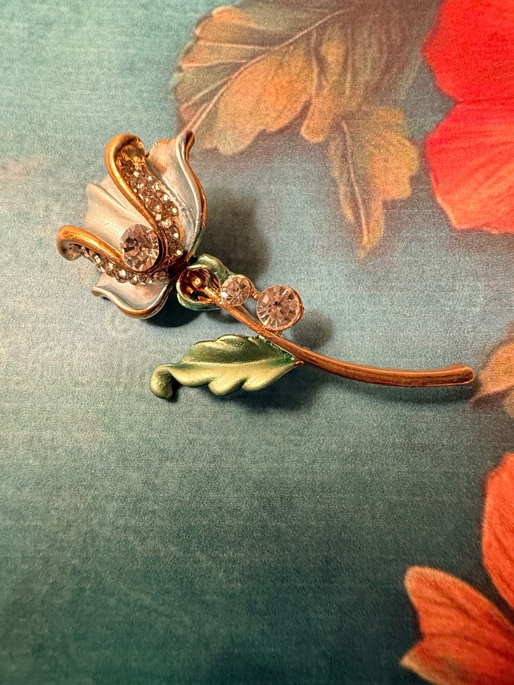 Small Elegant Green Enamel Flower Brooch with Crystal Accents